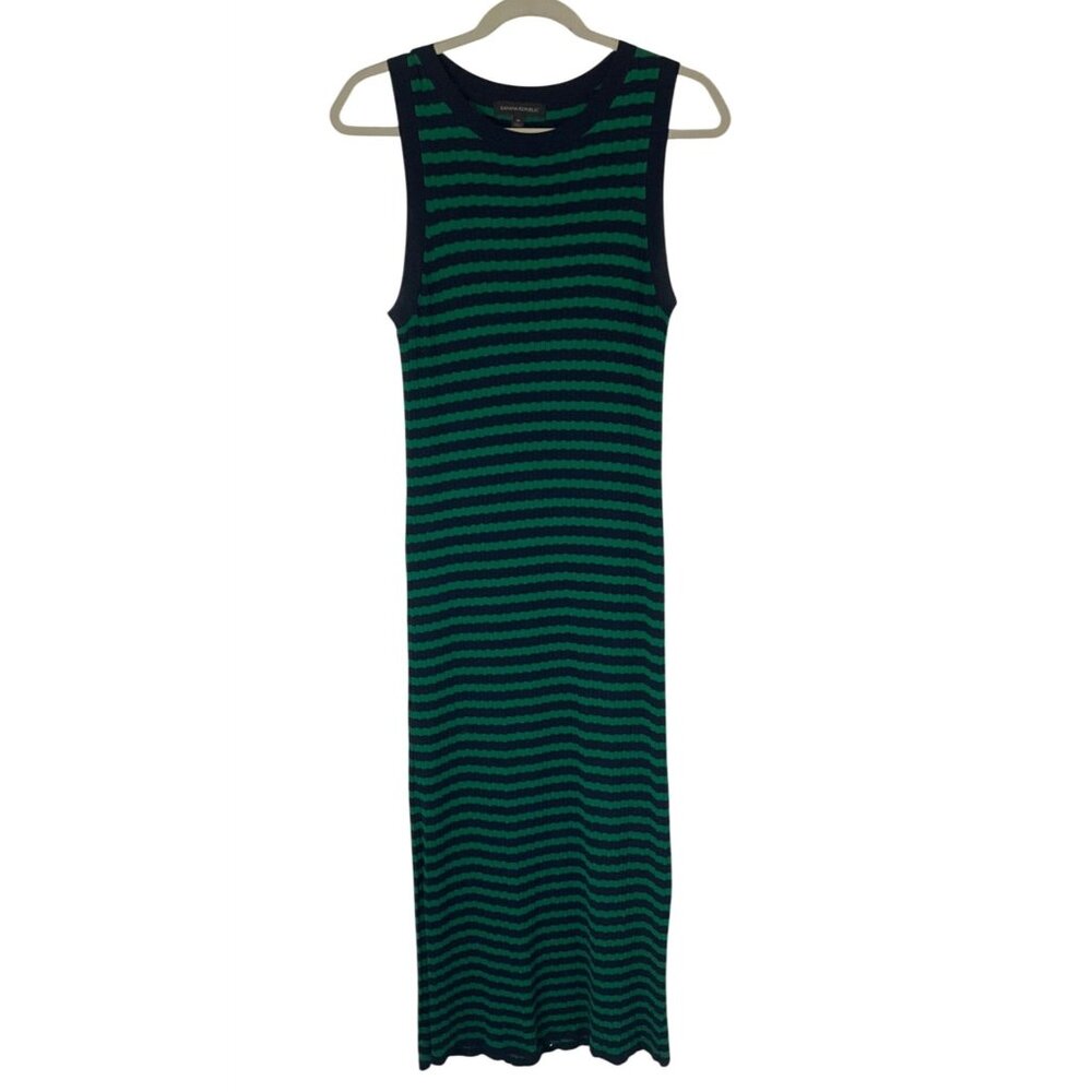 Banana Republic Medium Sweater Knit Dress Long Sleeveless Striped Ribbed Green